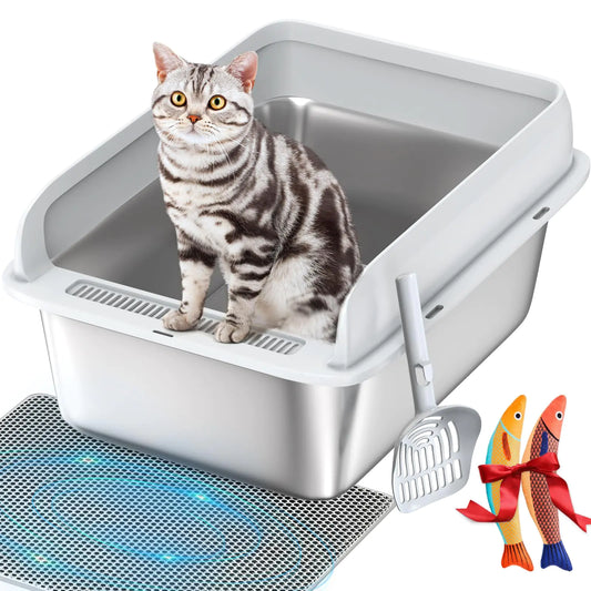 ALEF Sandpoy Enclosed Stainless Steel Litter Box with Lid Cat Litter Box for Big Cats with High Sided XL Metal Litter Box with Scoop Litter Mat & Fish Toys Easy Clean Anti-Leakage Non-Sticky