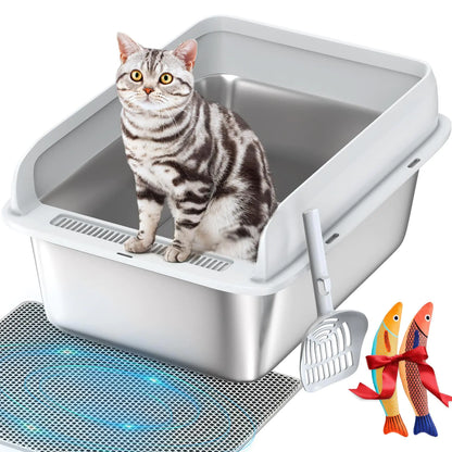 ALEF Sandpoy Enclosed Stainless Steel Litter Box with Lid Cat Litter Box for Big Cats with High Sided XL Metal Litter Box with Scoop Litter Mat & Fish Toys Easy Clean Anti-Leakage Non-Sticky